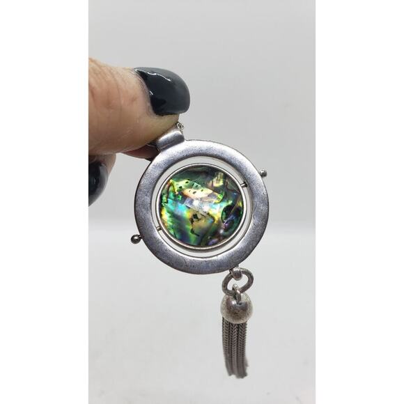 Vintage Abalone Mother of Pearl Reversible Pendant Necklace Silver Tone Tassel - Picture 8 of 10